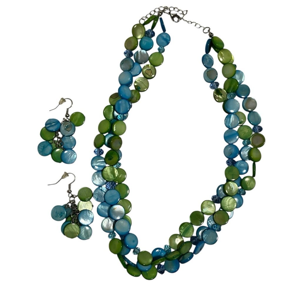 Mutli Strand Mother Of Pearl Discs Necklace & Cluster Earrings Set Blue Green